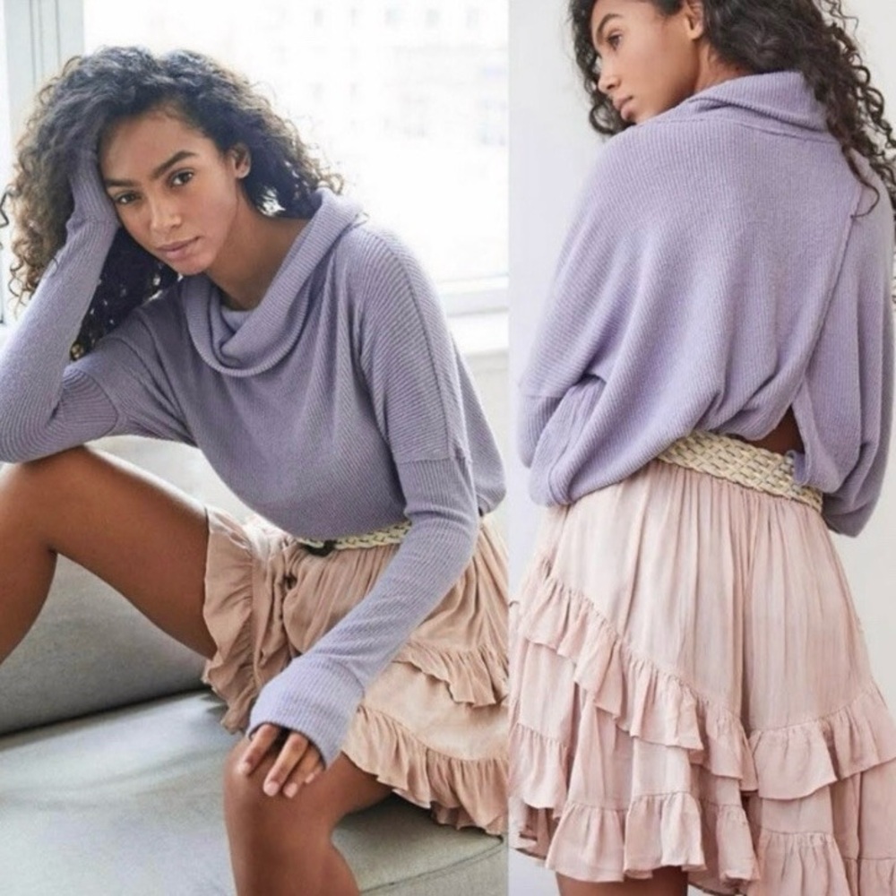 FREE PEOPLE We The Free Lavender Cowl Neck Ribbed Split Back Long Sleeve Top L